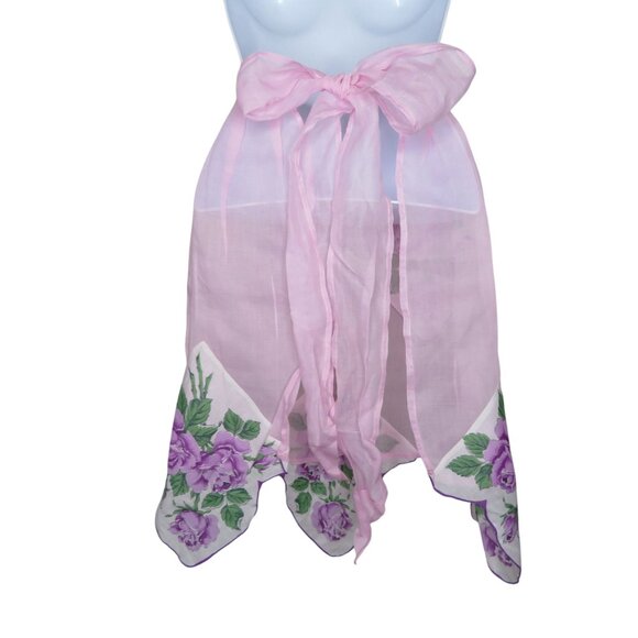 Vintage Handmade Sheer Pink Half Apron Floral Vintage Linen Hanky Trim & Pocket - Picture 7 of 11